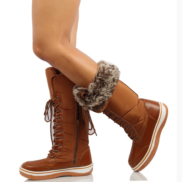 Tan Nylon Lace Up Faux Fur Cuff Winter Snow Boot - Picture 2 of 8